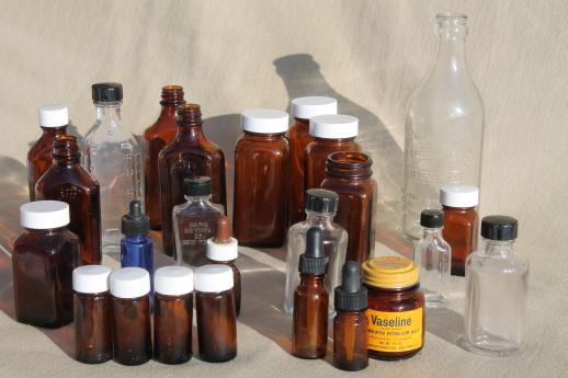 photo of vintage glass bottle lot, drugstore medicine bottles & eyedropper bottles #1