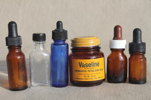 photo of vintage glass bottle lot, drugstore medicine bottles & eyedropper bottles #2