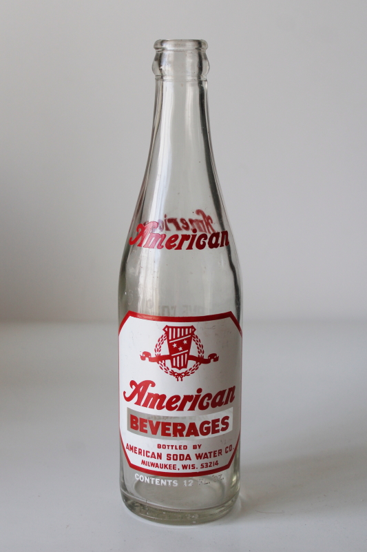photo of vintage glass bottle red & white print label American Beverages Soda Water soft drink Milwaukee Wisconsin  #1