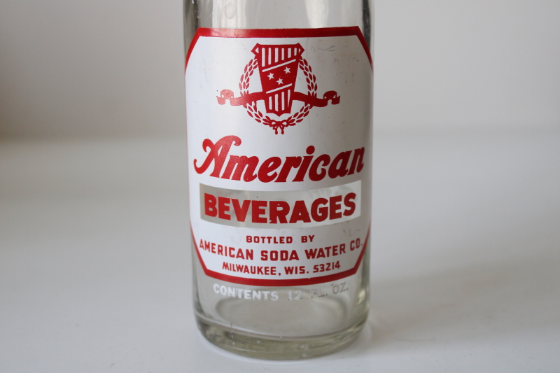 photo of vintage glass bottle red & white print label American Beverages Soda Water soft drink Milwaukee Wisconsin #2