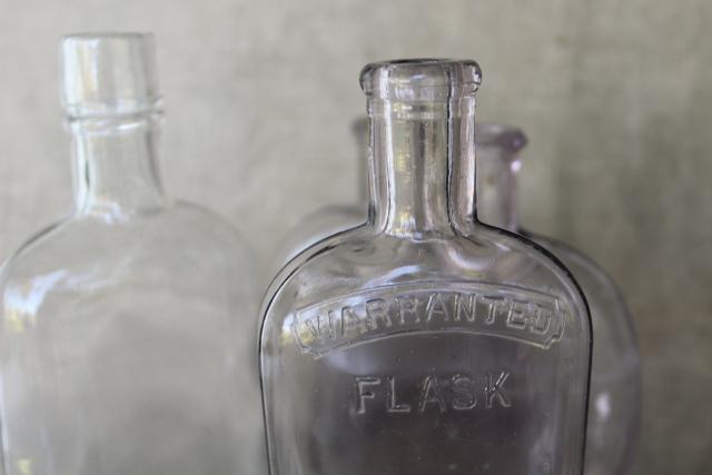 photo of vintage glass bottles w/ old sun purple color, antique flasks pocket liquor bottle lot #2
