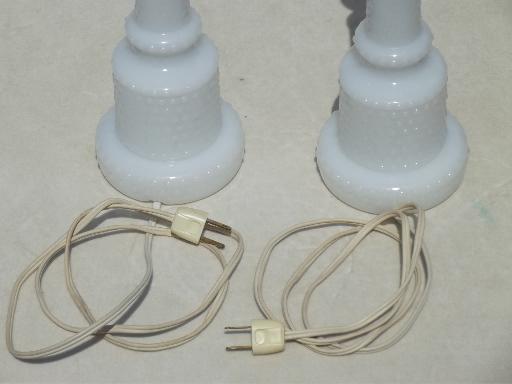 photo of vintage glass boudoir lamps, 1950s hobnail milk glass vanity table lamps  #4