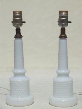 catalog photo of vintage glass boudoir lamps, 1950s hobnail milk glass vanity table lamps 