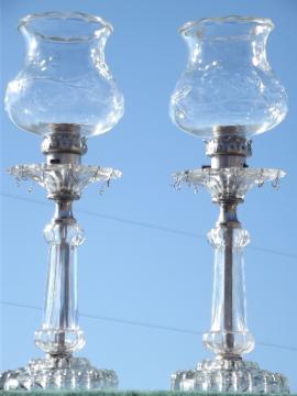 catalog photo of vintage glass boudoir lamps, mantle lamp set made for prisms or lusters