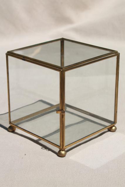 photo of vintage glass & brass box showcase, cube shaped display case / curio cabinet #1