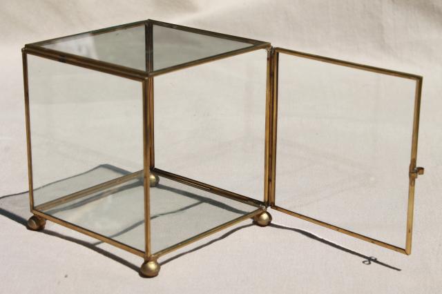 photo of vintage glass & brass box showcase, cube shaped display case / curio cabinet #2