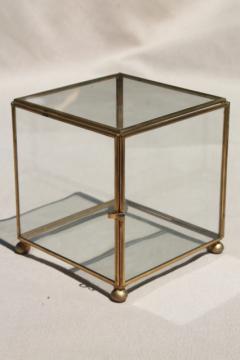 catalog photo of vintage glass & brass box showcase, cube shaped display case / curio cabinet