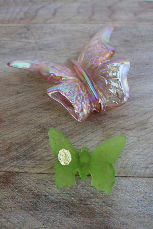 photo of vintage glass butterflies, Fenton carnival pink opalescent, lime green mist Westmoreland #1