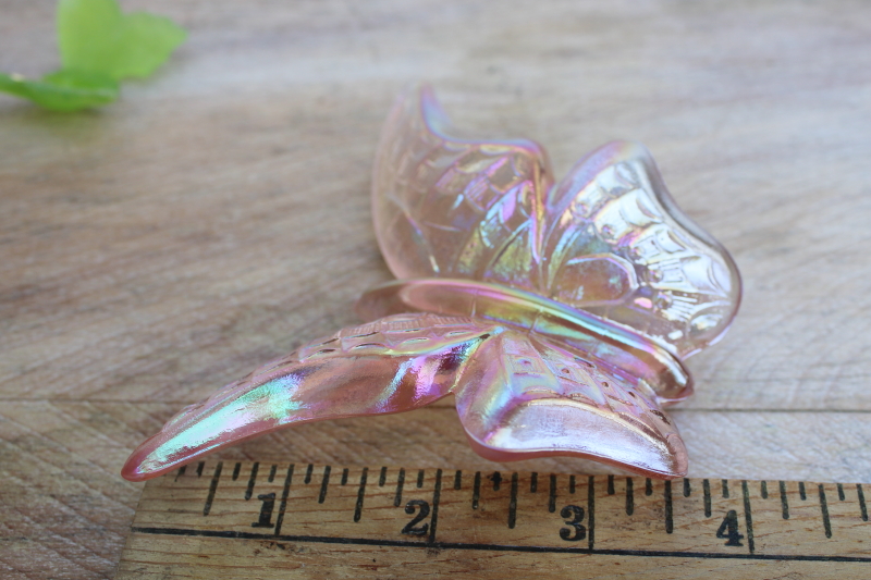 photo of vintage glass butterflies, Fenton carnival pink opalescent, lime green mist Westmoreland #3