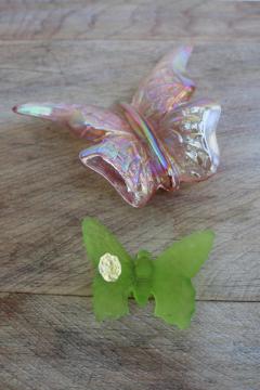 catalog photo of vintage glass butterflies, Fenton carnival pink opalescent, lime green mist Westmoreland