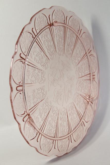 photo of vintage glass cake plate, blush pink depression glass in cherry blossom pattern #1