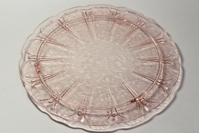 photo of vintage glass cake plate, blush pink depression glass in cherry blossom pattern #2