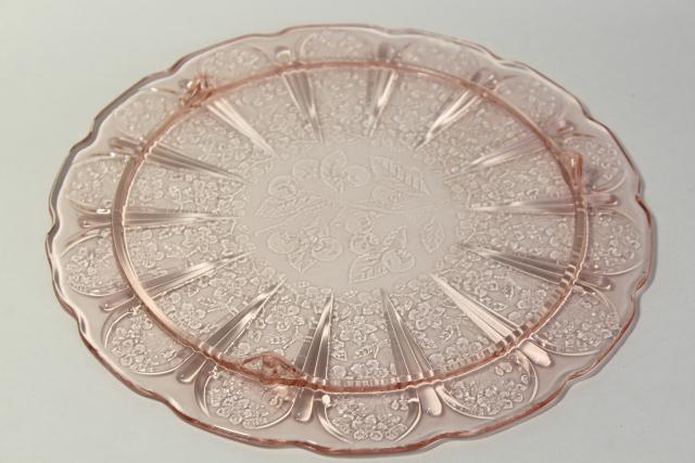 photo of vintage glass cake plate, blush pink depression glass in cherry blossom pattern #5