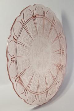 catalog photo of vintage glass cake plate, blush pink depression glass in cherry blossom pattern