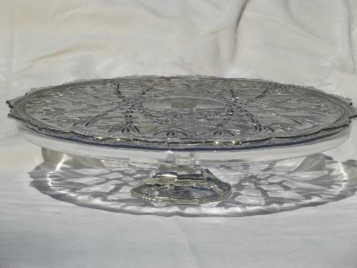 photo of vintage glass cake stand, fan pattern pressed glass pedestal plate #2