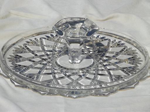 photo of vintage glass cake stand, fan pattern pressed glass pedestal plate #4