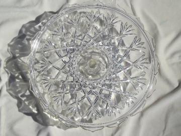catalog photo of vintage glass cake stand, fan pattern pressed glass pedestal plate