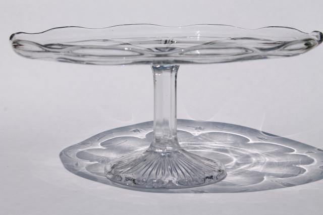 photo of vintage glass cake stand, tall cake pedestal plate colonial pattern pressed glass #2