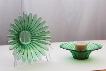 catalog photo of vintage glass candle holders for votive candles or tea lights, forest green flowers