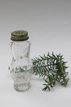 catalog photo of vintage glass candy container, Halloween owl figural glass bottle w/ metal lid