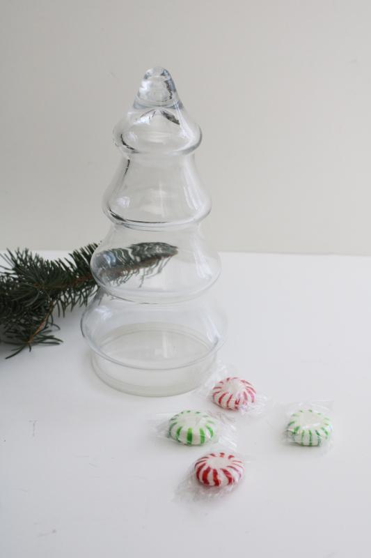 photo of vintage glass candy container jar Christmas tree figural bottle w/ plastic lid base #1