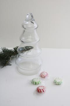 catalog photo of vintage glass candy container jar Christmas tree figural bottle w/ plastic lid base