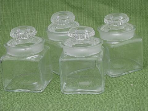 photo of vintage glass canisters or pickle jars in 1950s mod metal carrier rack #3