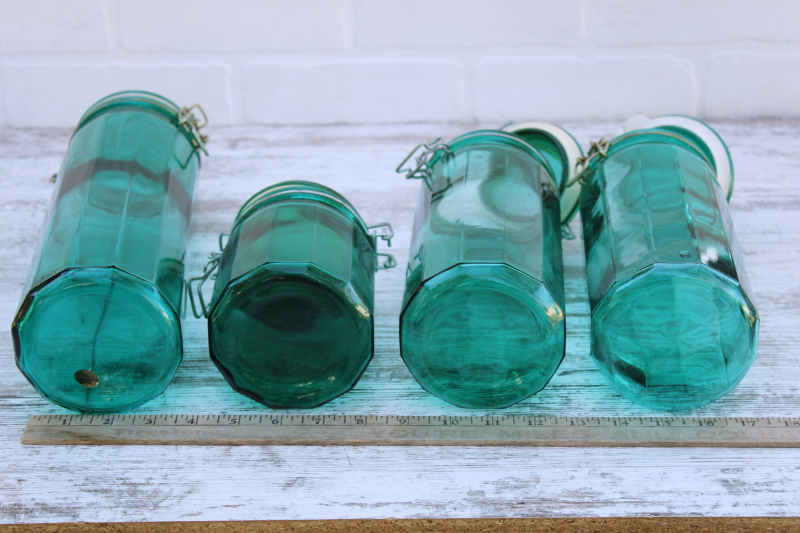 photo of vintage glass canisters set, teal green french canning jars w/ wire closures hermetic seal lids #2