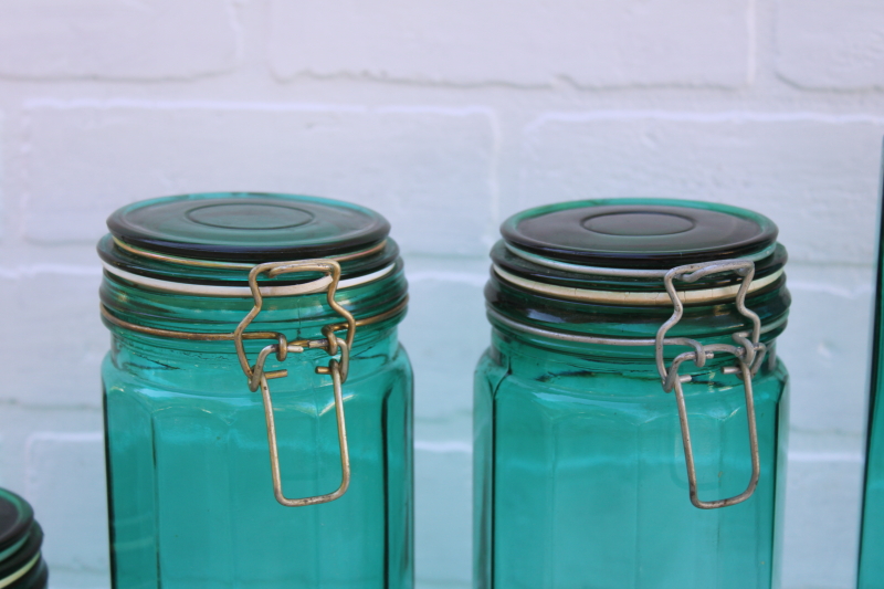 photo of vintage glass canisters set, teal green french canning jars w/ wire closures hermetic seal lids #3