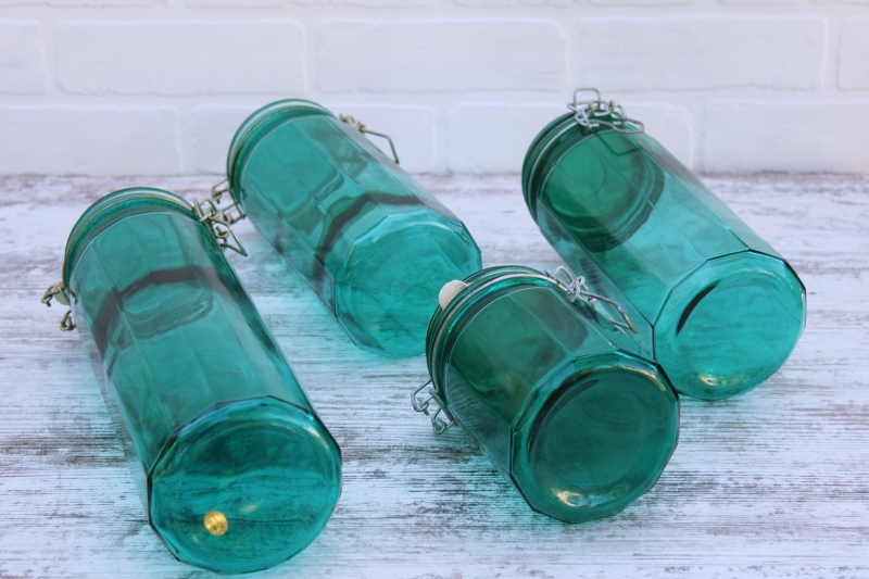 photo of vintage glass canisters set, teal green french canning jars w/ wire closures hermetic seal lids #4