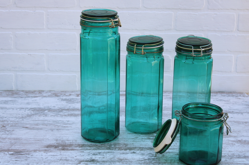 photo of vintage glass canisters set, teal green french canning jars w/ wire closures hermetic seal lids #6