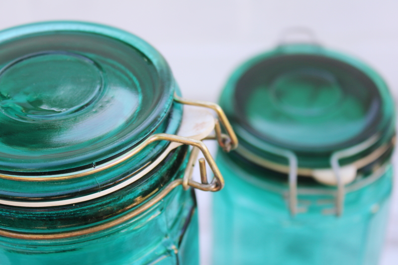 photo of vintage glass canisters set, teal green french canning jars w/ wire closures hermetic seal lids #7