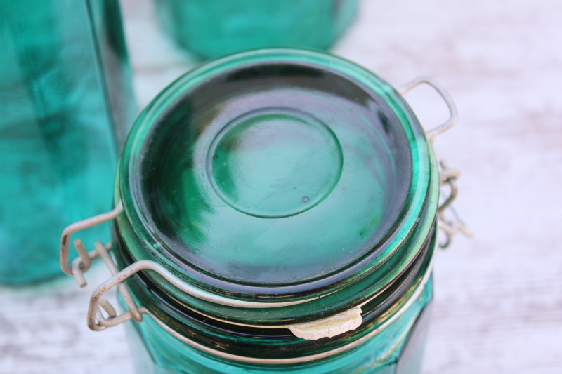 photo of vintage glass canisters set, teal green french canning jars w/ wire closures hermetic seal lids #8