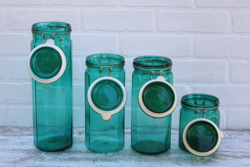 photo of vintage glass canisters set, teal green french canning jars w/ wire closures hermetic seal lids #9