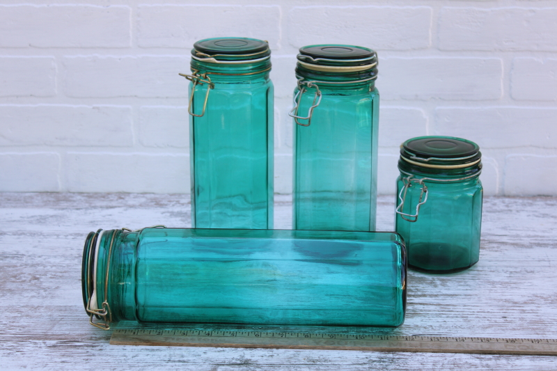 photo of vintage glass canisters set, teal green french canning jars w/ wire closures hermetic seal lids #10