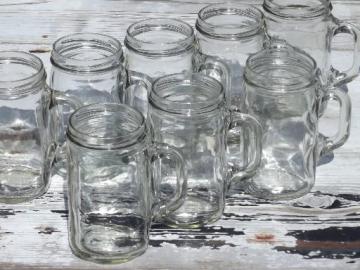 catalog photo of vintage glass canning jar mugs, set of fruit jelly jars w/ cup handles