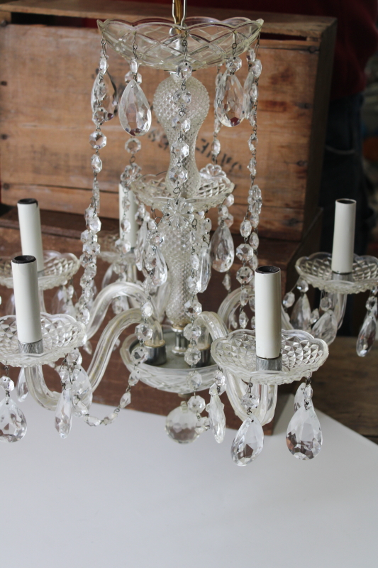 photo of vintage glass chandelier w/ crystal swags & teardrop prisms, French country chateau style #10