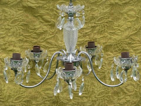photo of vintage glass chandelier, deco silver chrome w/ teardrop prisms #1