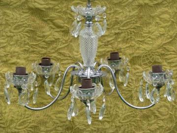 catalog photo of vintage glass chandelier, deco silver chrome w/ teardrop prisms