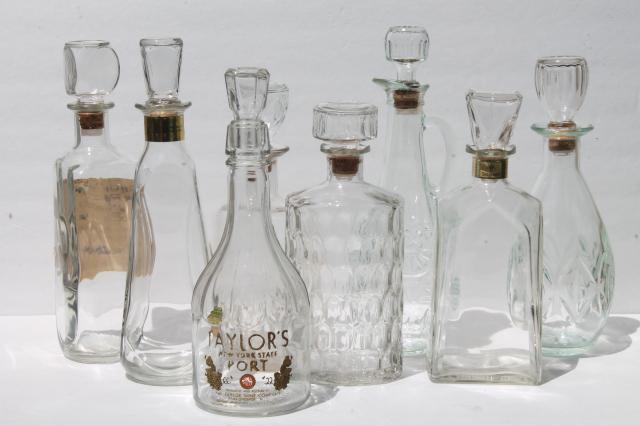 photo of vintage glass decanter bottle lot, mid-century mod barware, genie Beam bottles & wine bottles #1