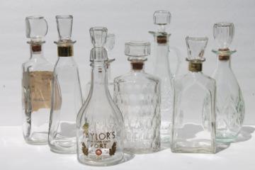 catalog photo of vintage glass decanter bottle lot, mid-century mod barware, genie Beam bottles & wine bottles