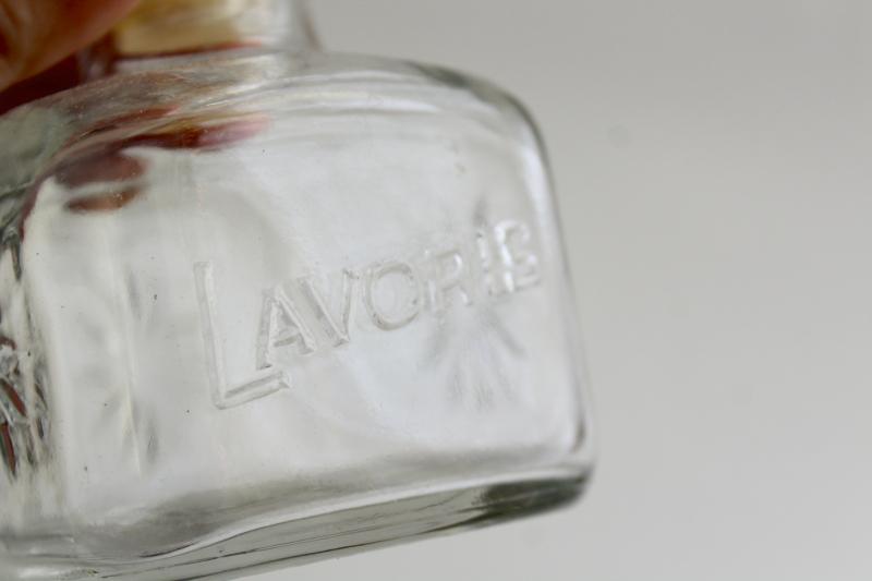 photo of vintage glass decanter embossed Lavoris, old mouthwash medicine bottle #2