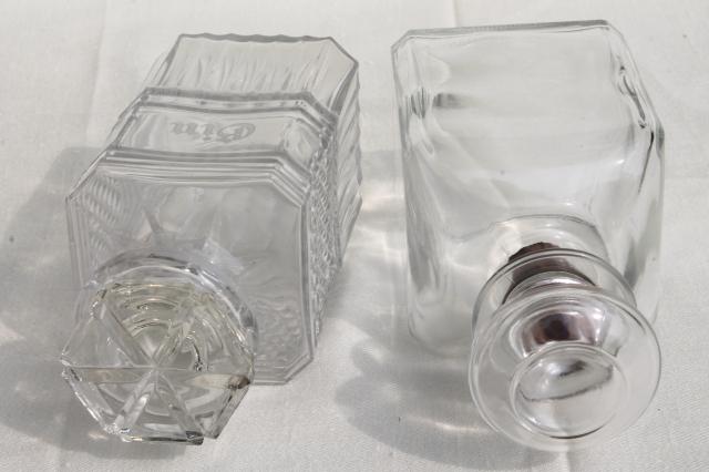 photo of vintage glass decanters, etched glass gin decanter & old liquor bottle w/ cork #5