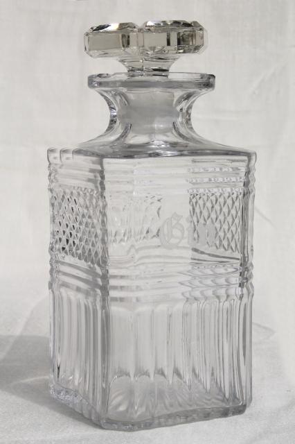 photo of vintage glass decanters, etched glass gin decanter & old liquor bottle w/ cork #7