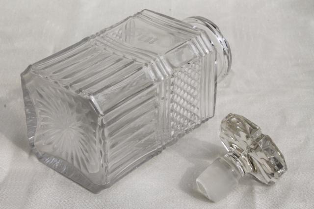 photo of vintage glass decanters, etched glass gin decanter & old liquor bottle w/ cork #11