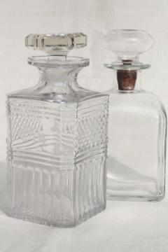 catalog photo of vintage glass decanters, etched glass gin decanter & old liquor bottle w/ cork