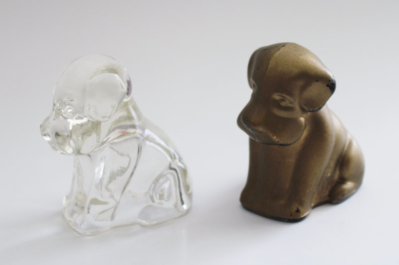 photo of vintage glass dog paperweights, pair hound dog figurines, pressed glass worn gold #5
