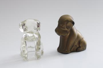 catalog photo of vintage glass dog paperweights, pair hound dog figurines, pressed glass worn gold