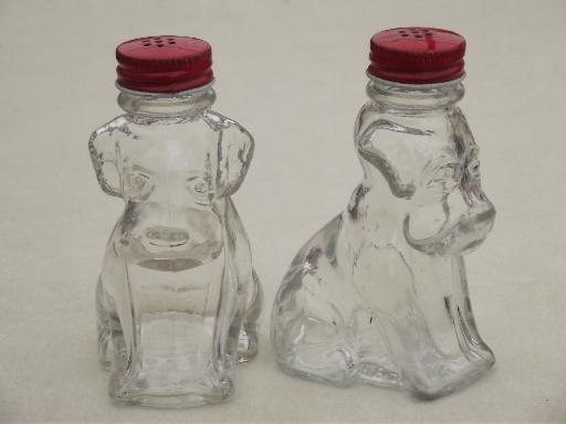 photo of vintage glass dogs salt & pepper shakers, glass S&P shaker jars w/ metal lids #1