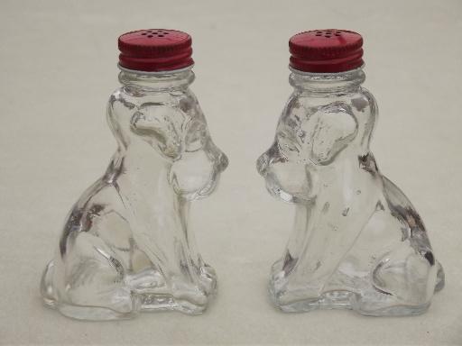 photo of vintage glass dogs salt & pepper shakers, glass S&P shaker jars w/ metal lids #2